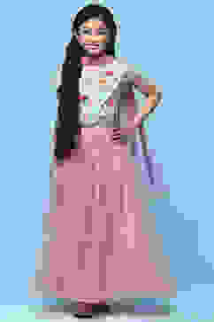 Blue Cotton Printed Blouse With Net Lehenga & Net Dupatta image number 7