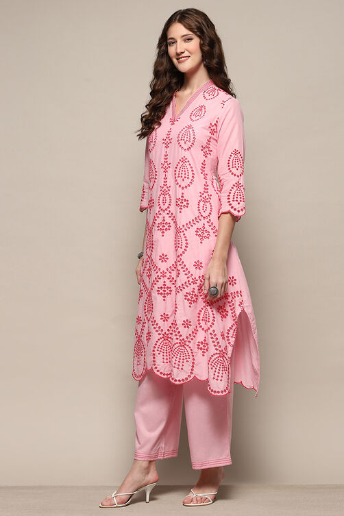 Yellow Cotton Schiffli Kurta & Palazzo Suit Set image number 3