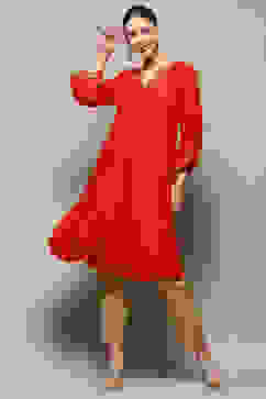 Red Foil Printed Gathered A-Line Kurta image number 0