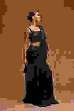 Navy Blue Poly Satin Embroidered Pre-Draped Saree image number 4