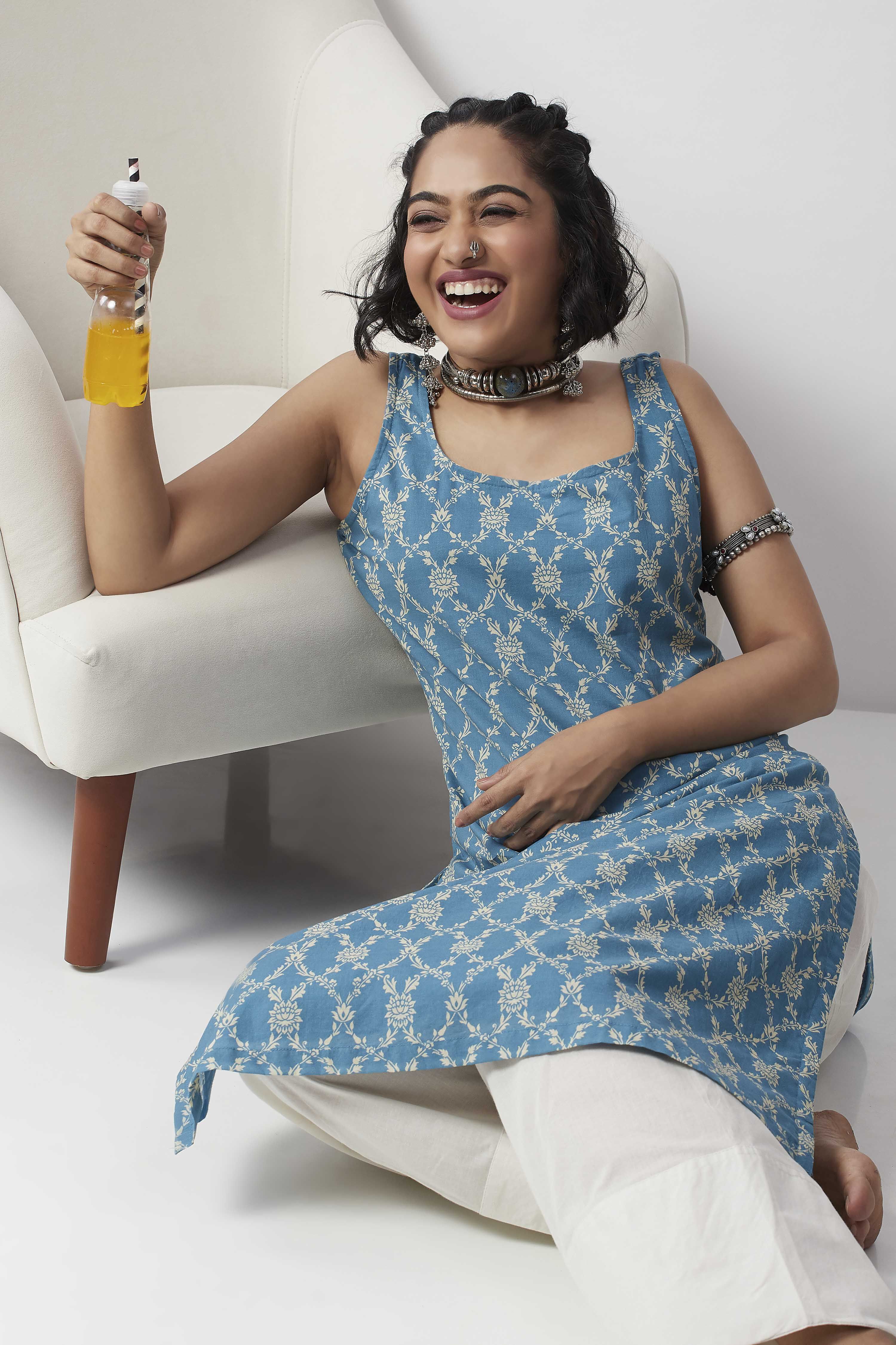 Teal Blue Cotton Floral Printed Straight Kurta image number 0