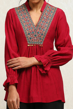 Berry Red Embroidered A-Line Kurti image number 1