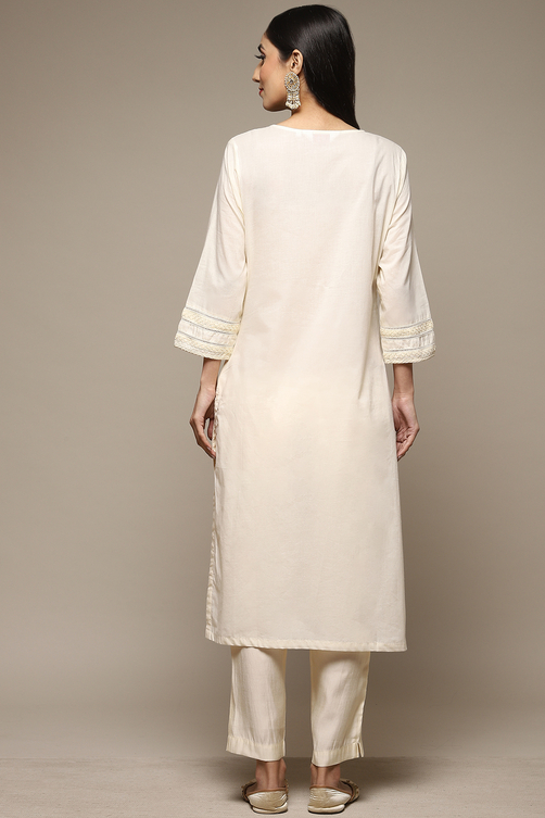 Off White Cotton Straight Kurta image number 2