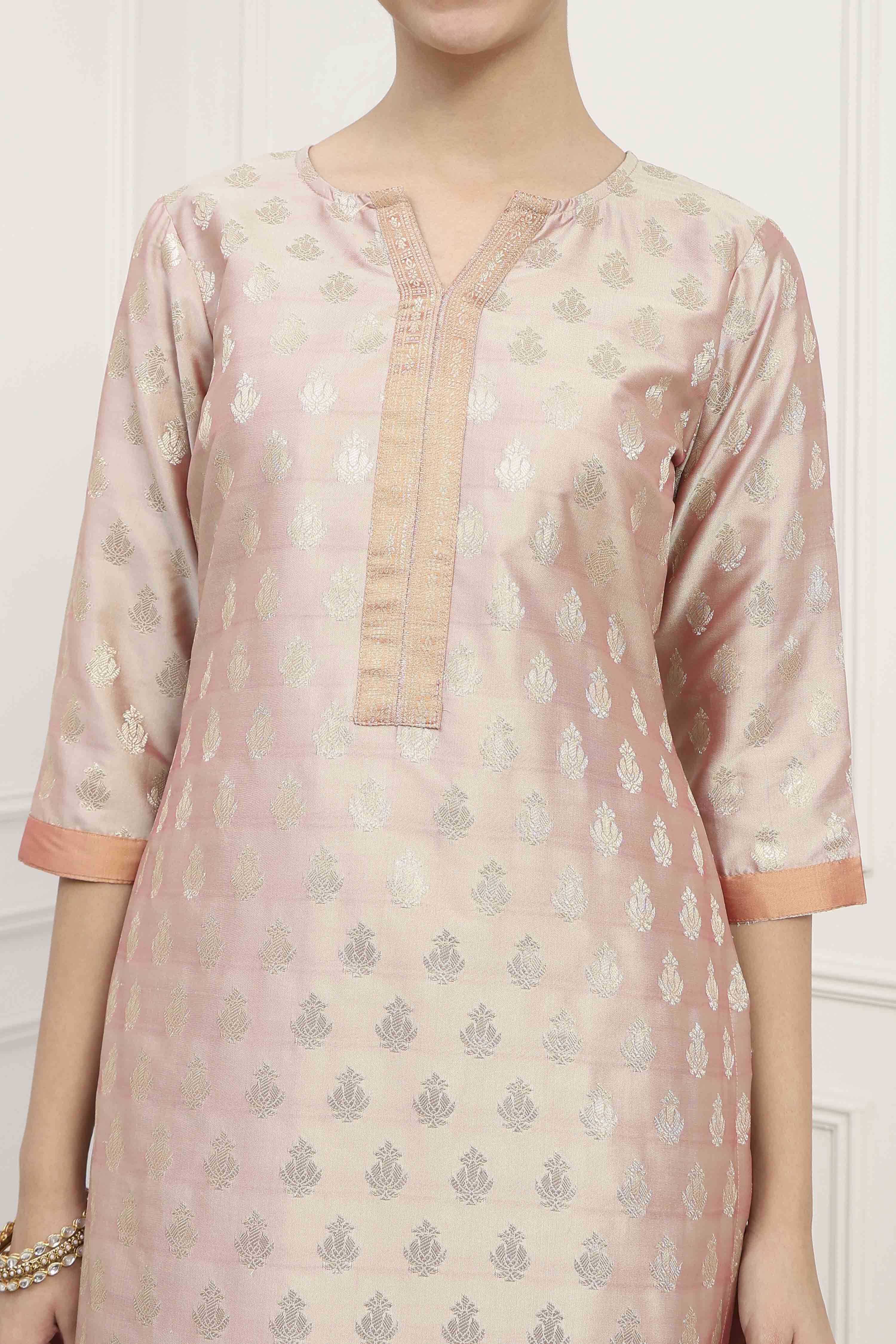 Beige Silk Blend Banarasi Unstitched Suit Set image number 2