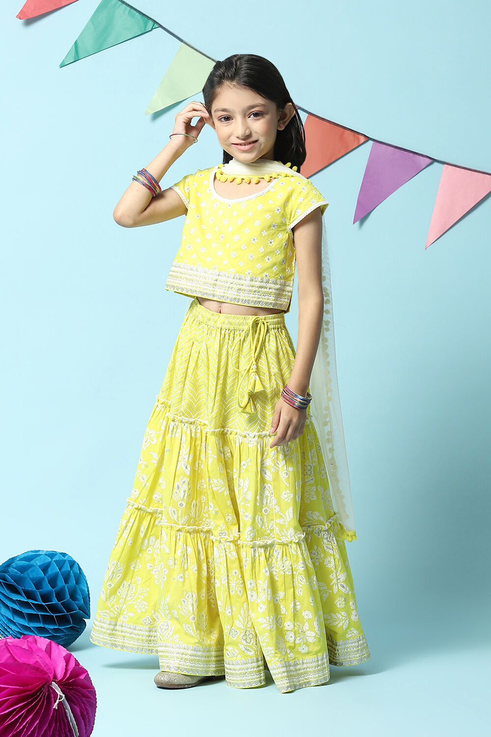 Lime Yellow Cotton Short Top Lehenga Set image number 5