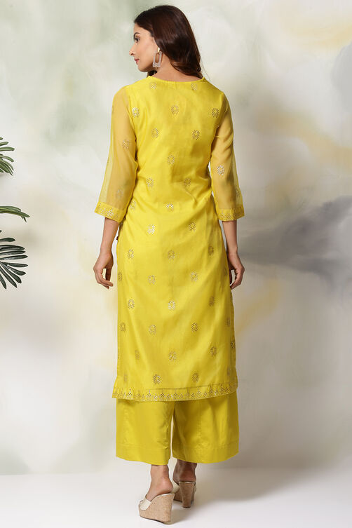 Lime Green Art Silk Straight Kurta Flared Palazzo Suit Set image number 7