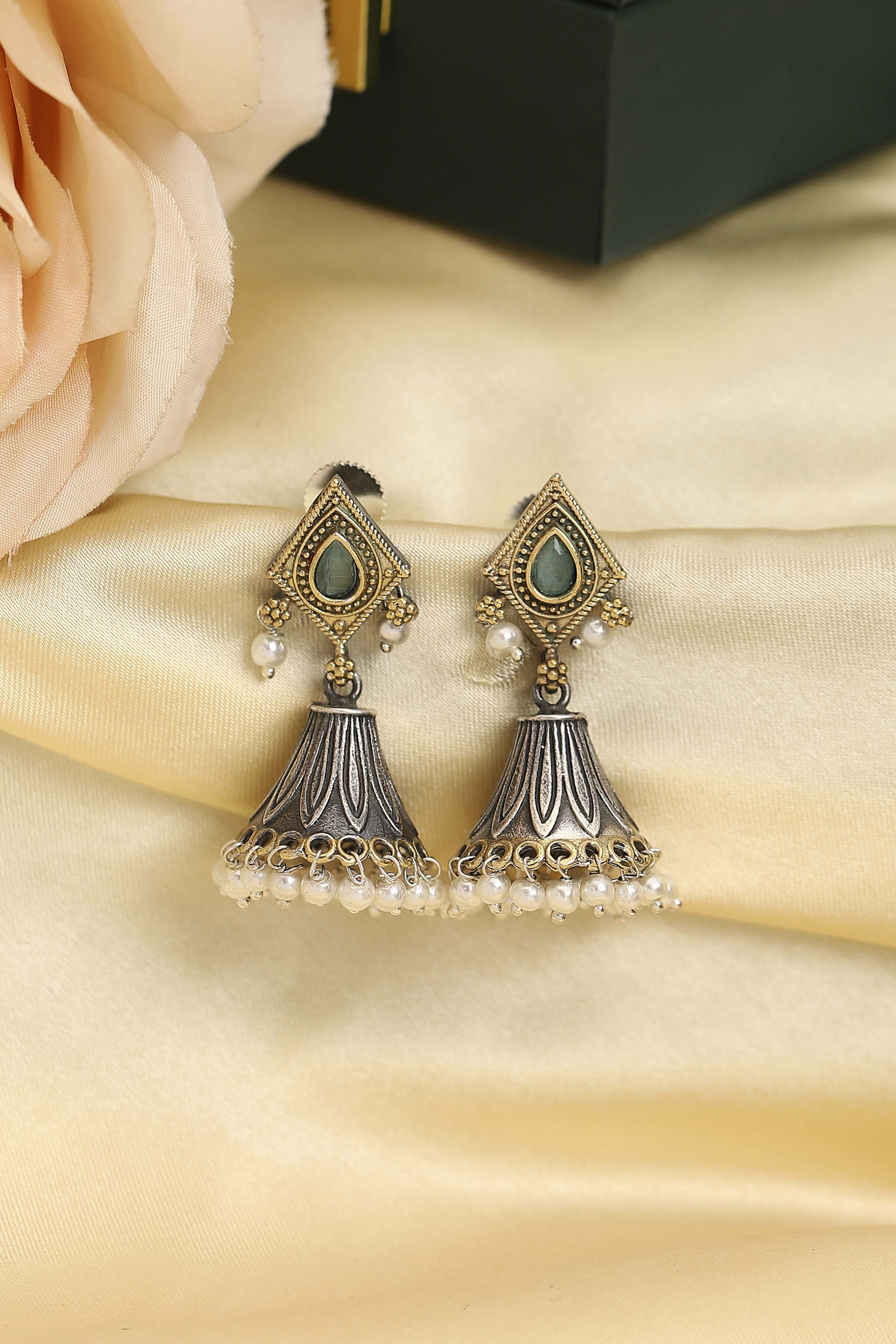 Green Oxidised Brass Pearl Studded Jhumkas image number 0