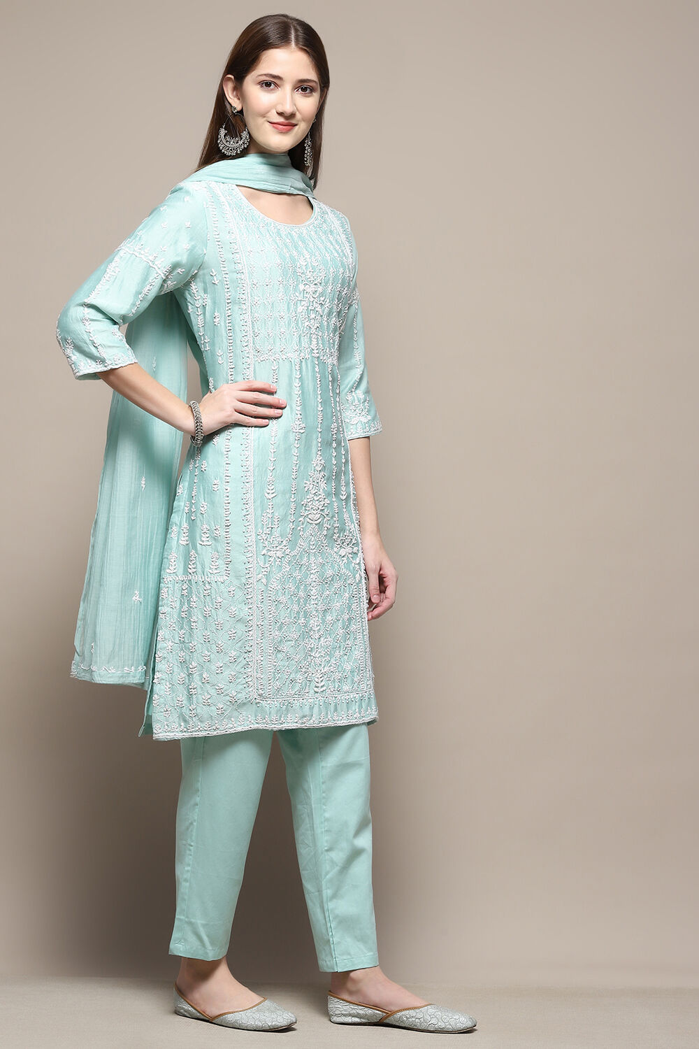Aqua Cotton Blend Straight Kurta Pant Suit Set image number 6