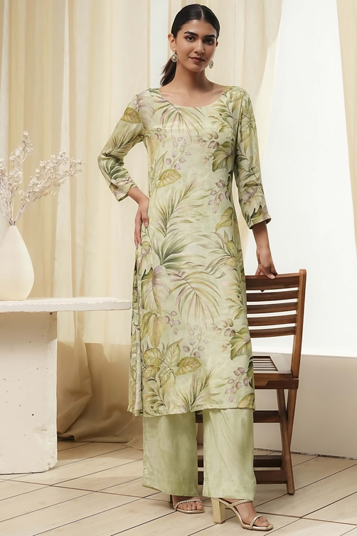 Green Modal Floral Printed Straight Kurta Set image number 0