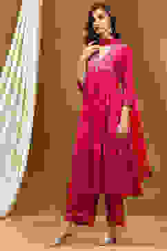 Fuchsia Floral Printed Flared Suit Set image number 3