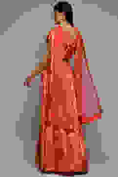 Coral Pink Cotton Blend Lehenga Set image number 4