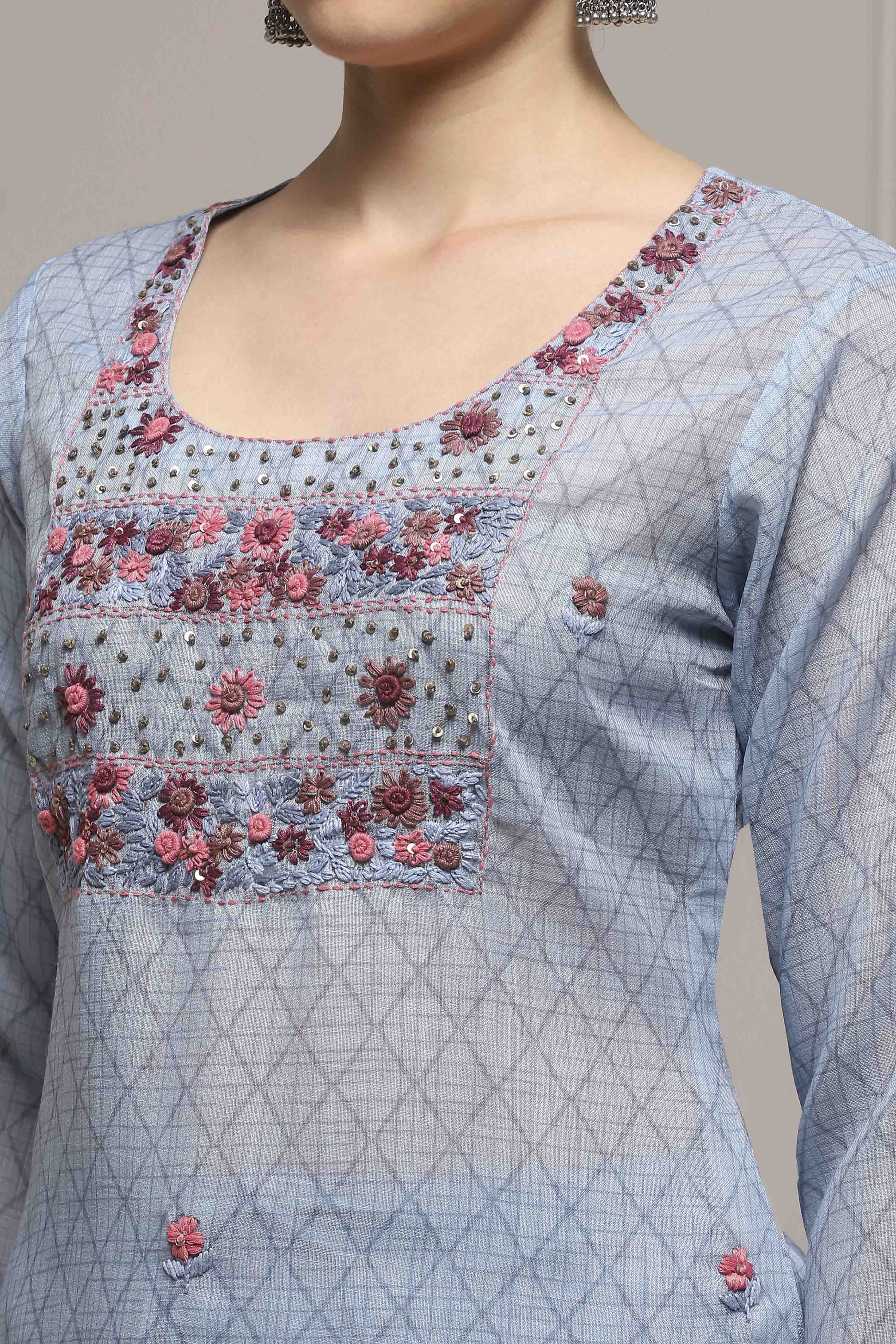 Blue Cotton Blend Hand Embroidered Unstitched Suit Set image number 2