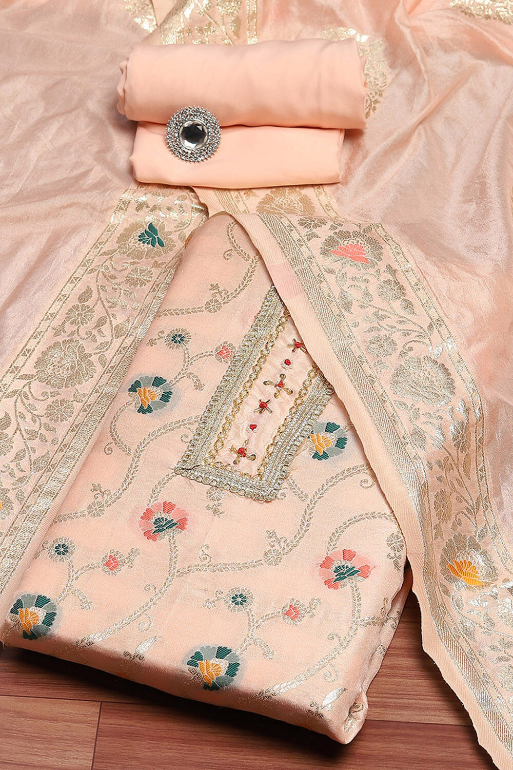 Pink Silk Blend Woven Floral Unstitched Suit Set image number 0