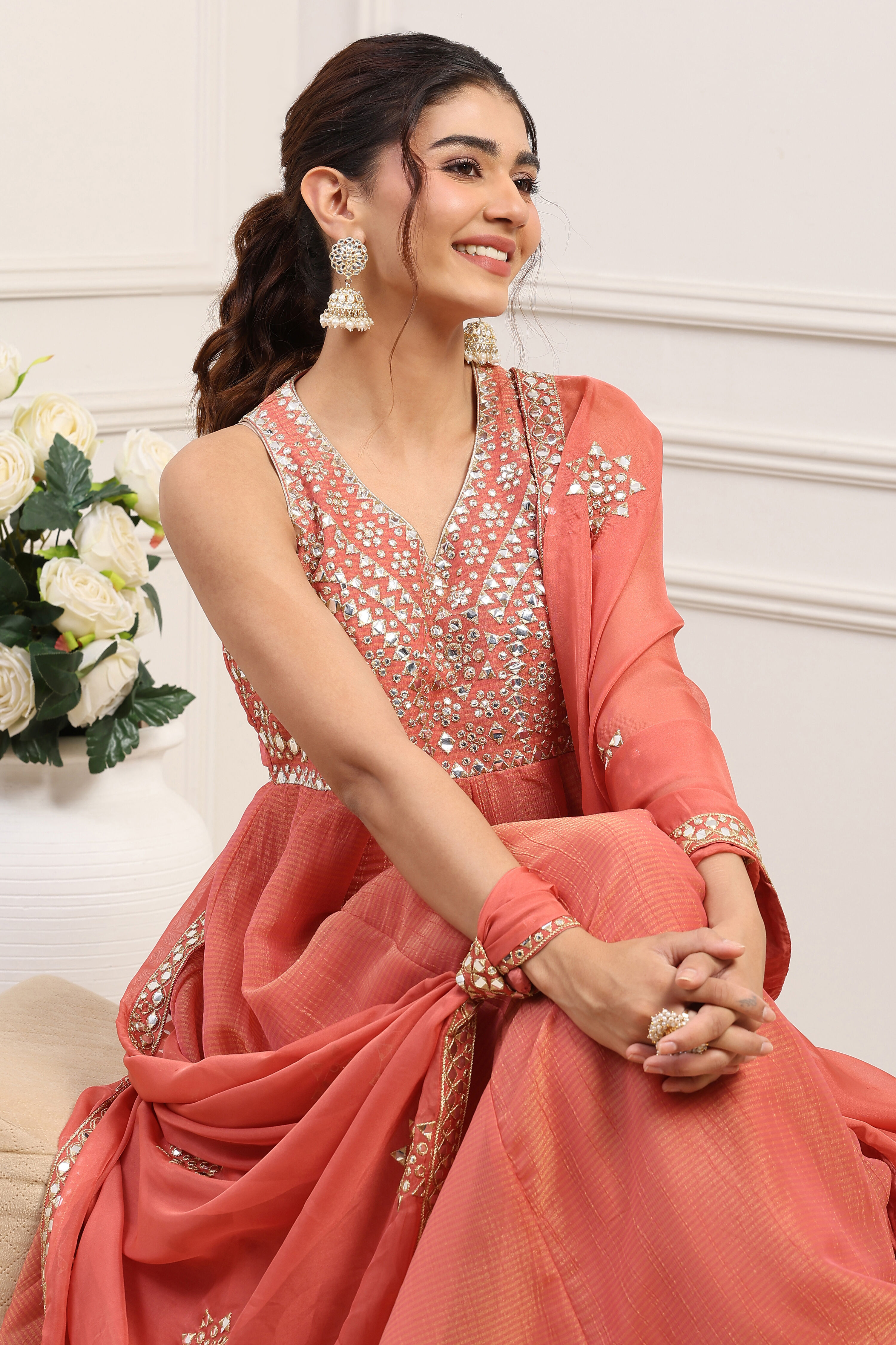 Pink Poly Tissue Anarkali Dress image number 6