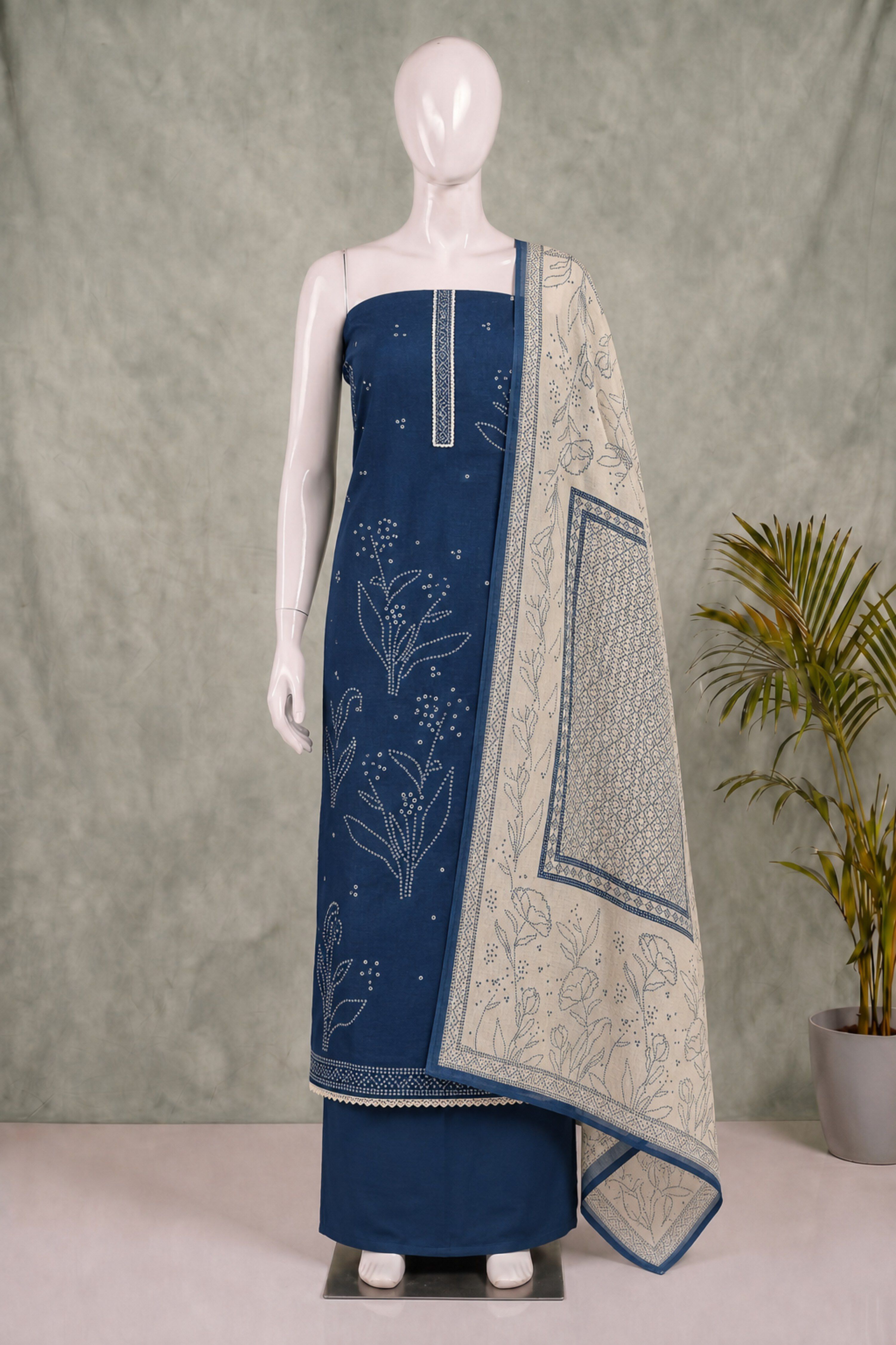 Blue Linen Modern Print With Work Unstitched Suit Set image number 4