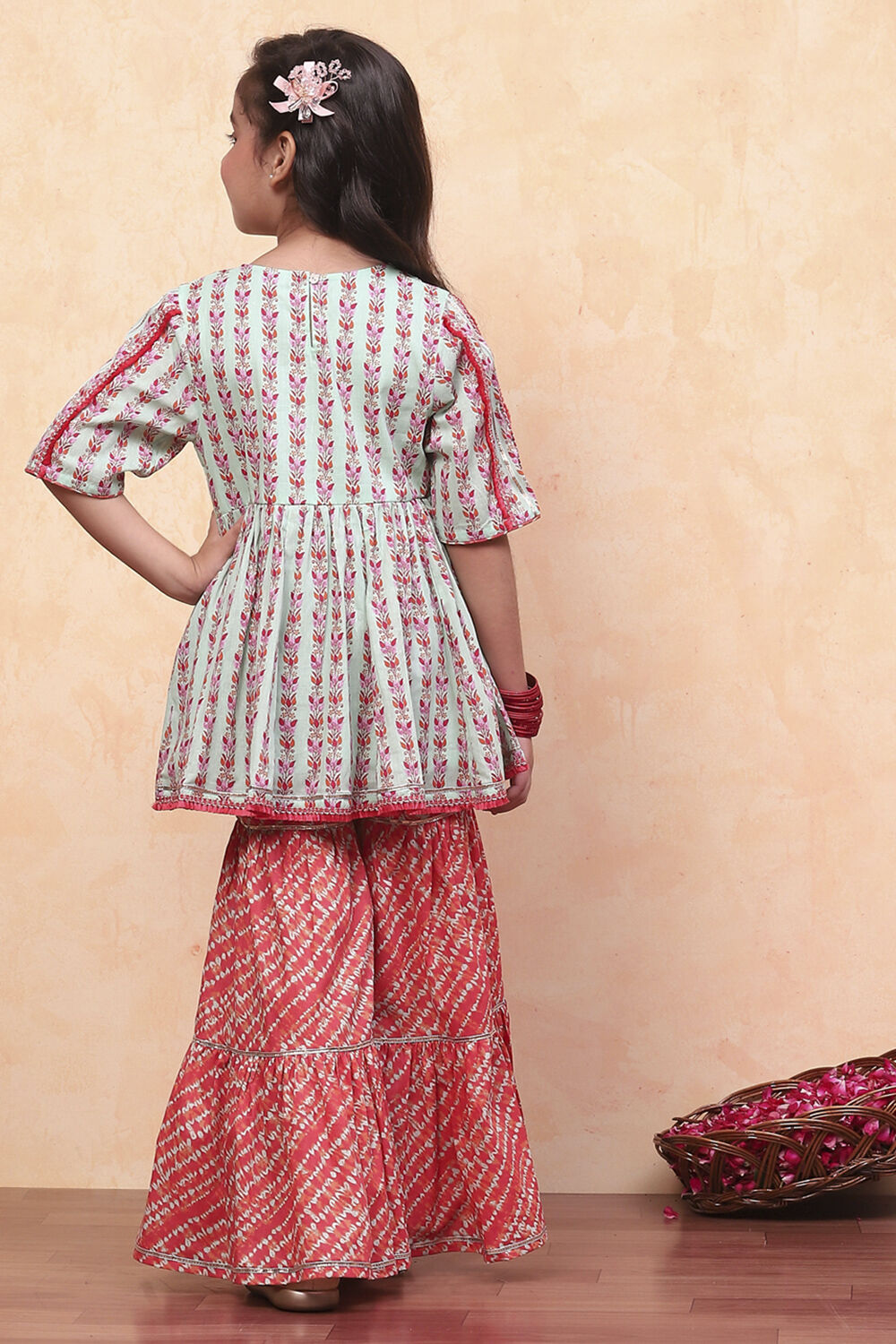 Aqua and Coral Cotton Printed Gathered Suit Set image number 4