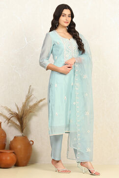 Teal Chanderi Unstitched Suit Set image number 6