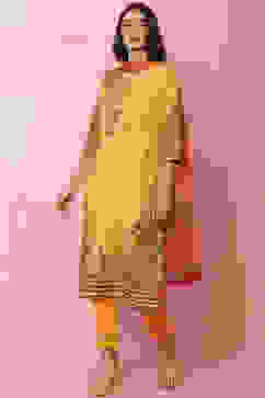 Yellow Cotton Straight Kurta Slim Pants Suit Set image number 2