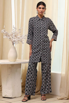 Black Printed Shirt-Style Straight Co-ord Set image number 6