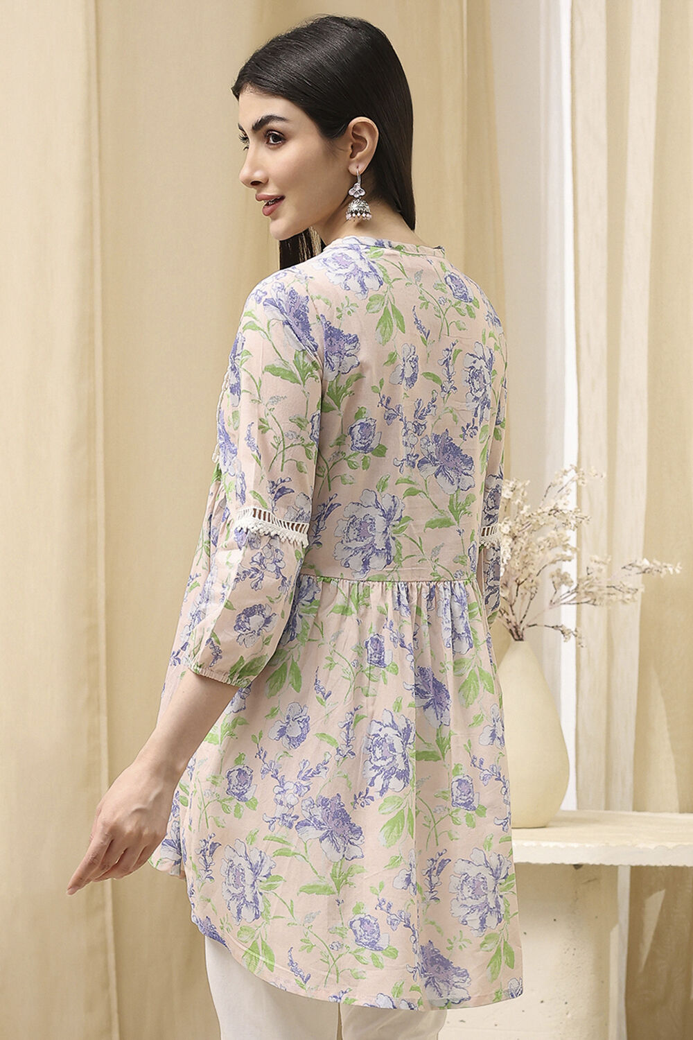 Earthy Blue Cotton Floral Flared Short Kurta image number 3