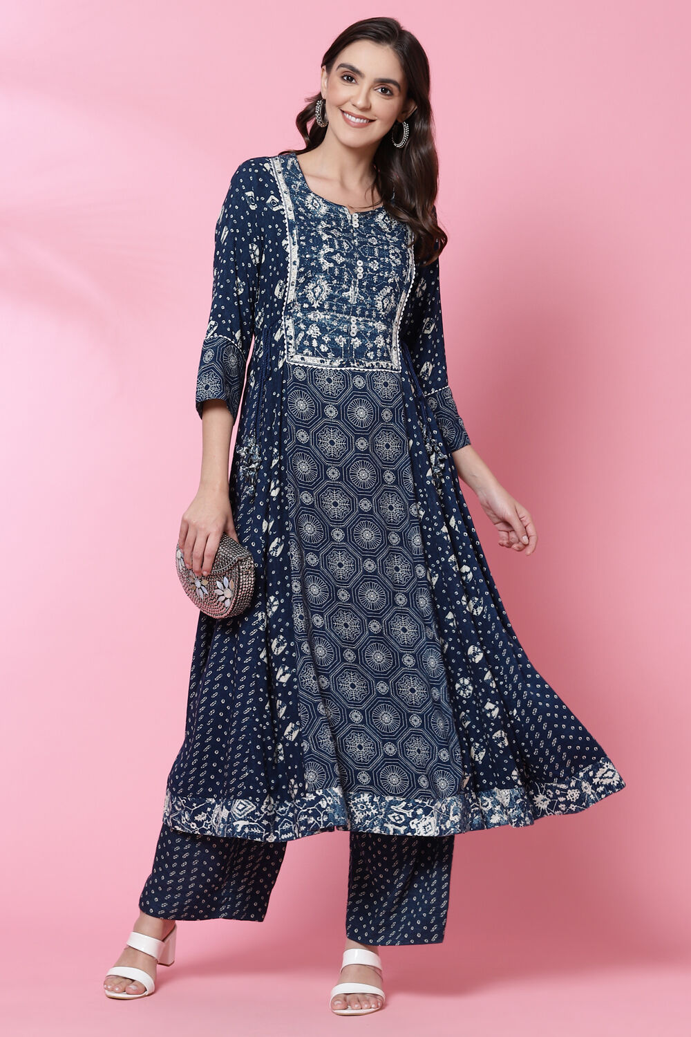 Indigo LIVA Flared Printed Kurta image number 0