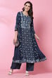 Indigo LIVA Flared Printed Kurta image number 0