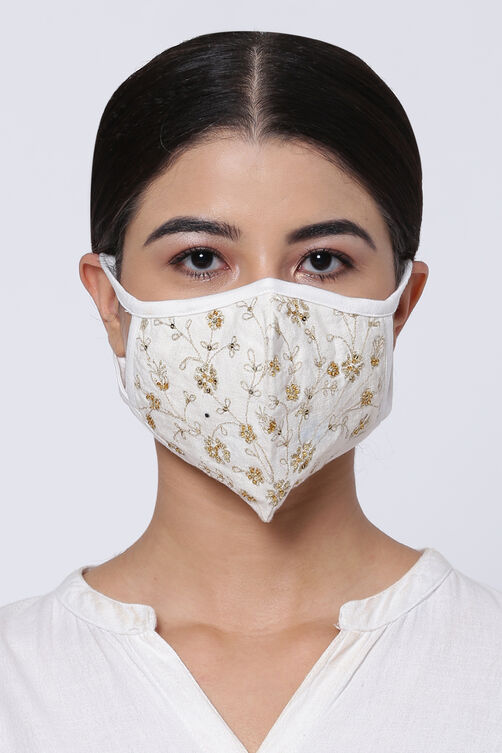 White Cotton Flax Embroidered Face Mask image number 0