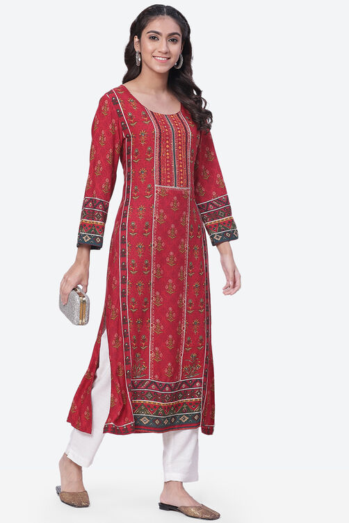 Rust LIVA Straight Printed Kurta image number 3