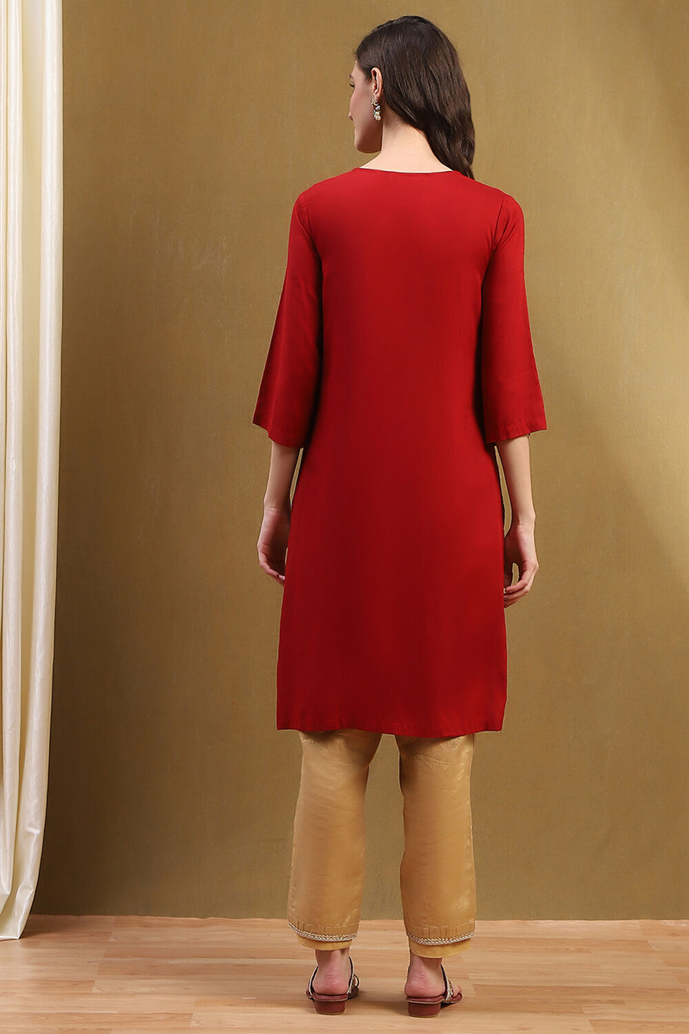 Bottle Green Solid Gathered Straight Kurta image number 3