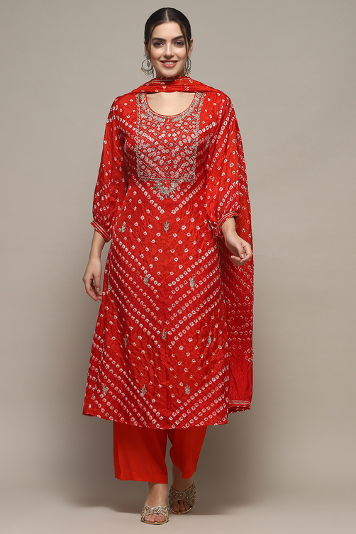 Orange Silk Blend Unstitched Suit set image number 8