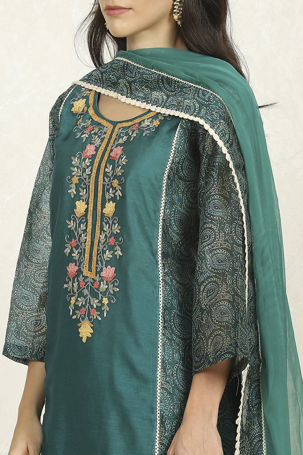 Teal Chanderi Unstitched Suit Set image number 2