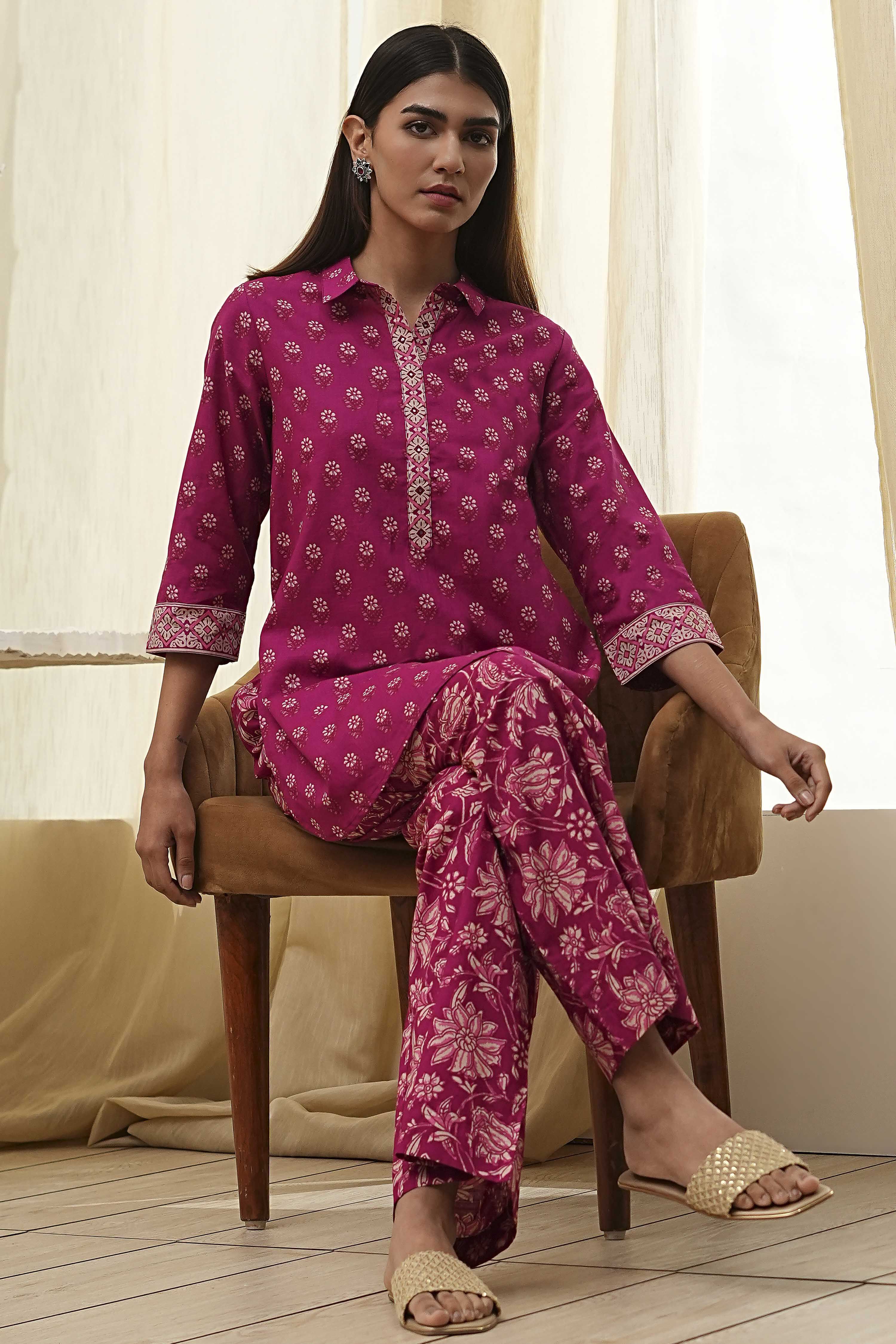 Plum Red Cotton Printed Kurta Set image number 0