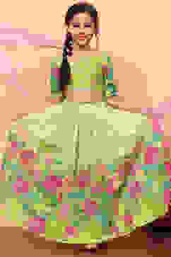 Lime Green Poly Chanderi Floral Printed Lehenga Set image number 0