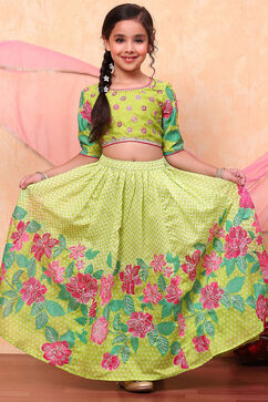 Lime Green Poly Chanderi Floral Printed Lehenga Set image number 0