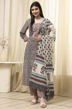 Gray Cotton Screen Print Unstitched Suit Set image number 1