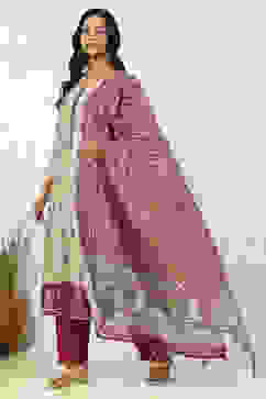 Red Silk Blend Digital Print Unstitched Suit Set image number 4