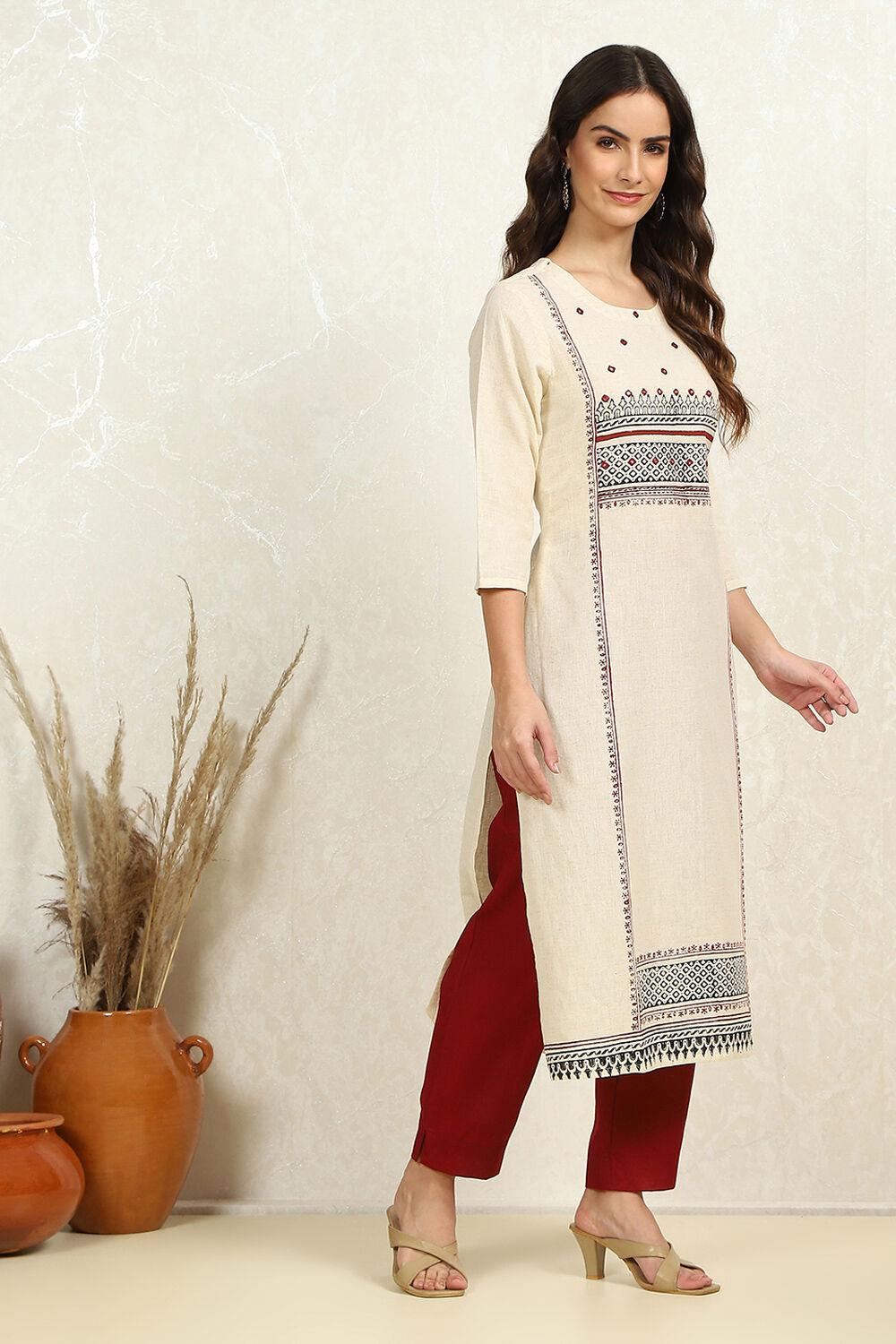 Off-White and Red Cotton Printed Unstitched Suit Set image number 6