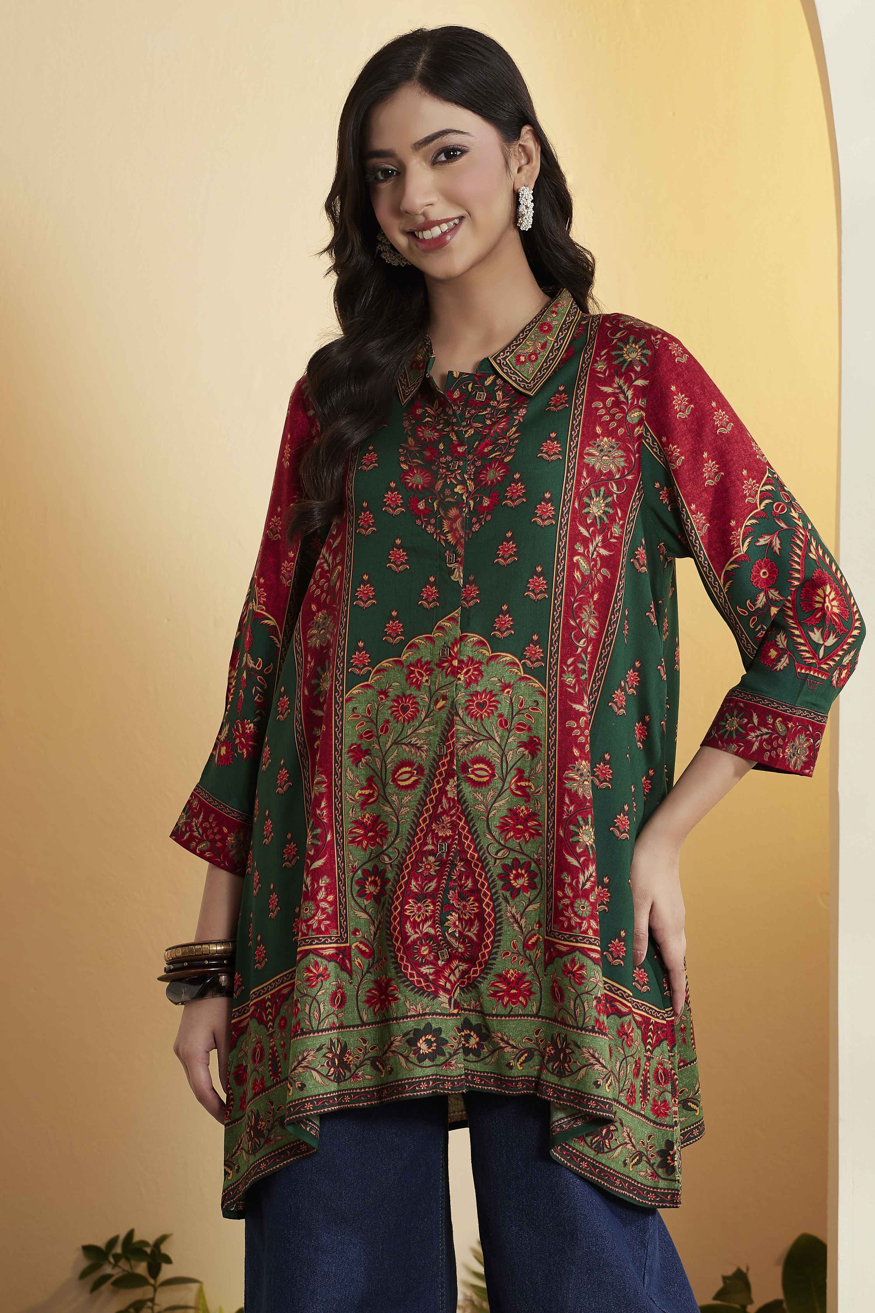 Green Viscose Rayon Printed Asymmetric Kurti image number 5