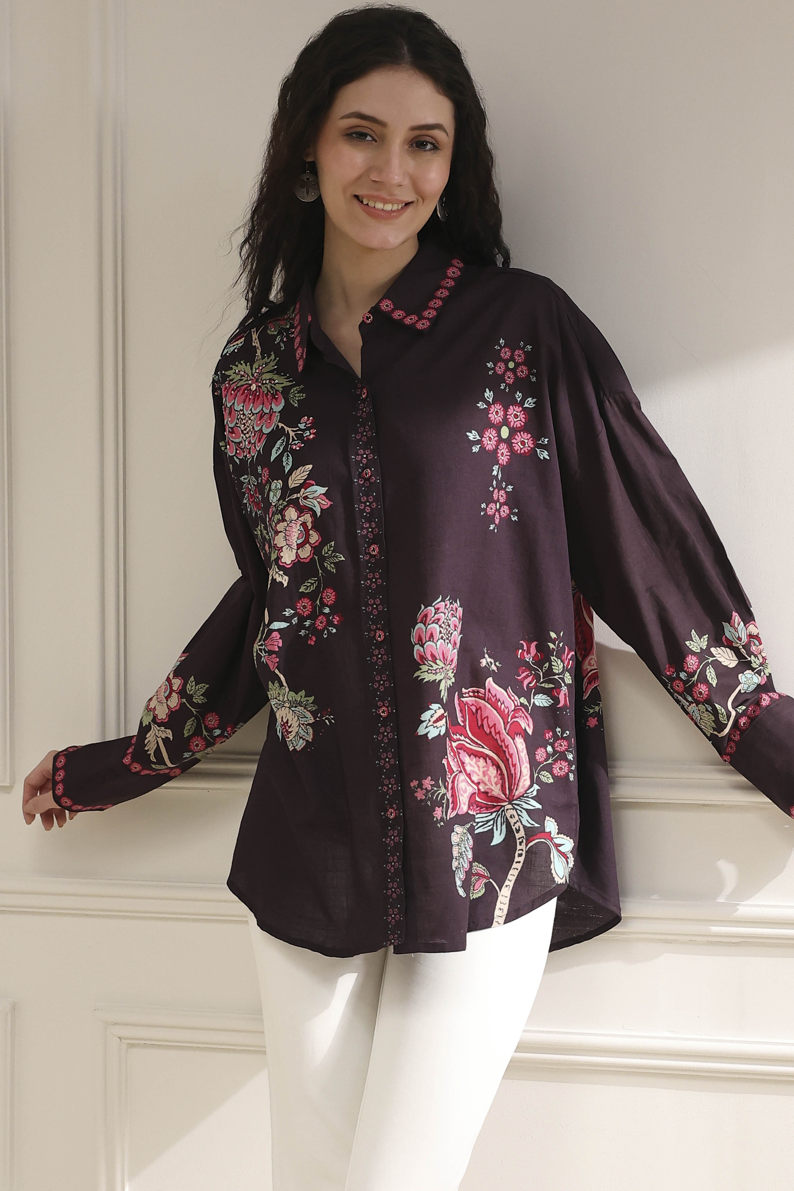 Brown Cotton Floral Printed Shirt image number 0