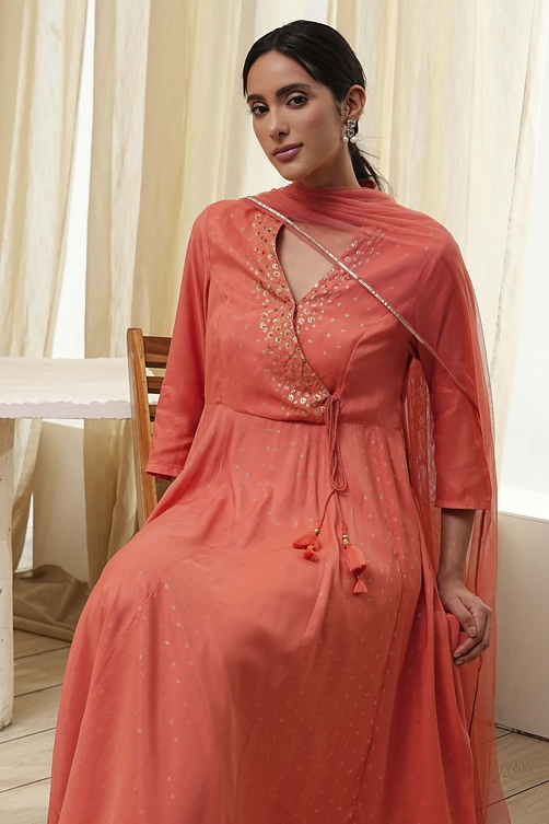 Peach Modal Printed Angrakha Anarkali Suit Set image number 6