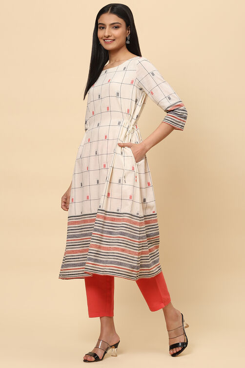 Off White Cotton A Line Kurta image number 2