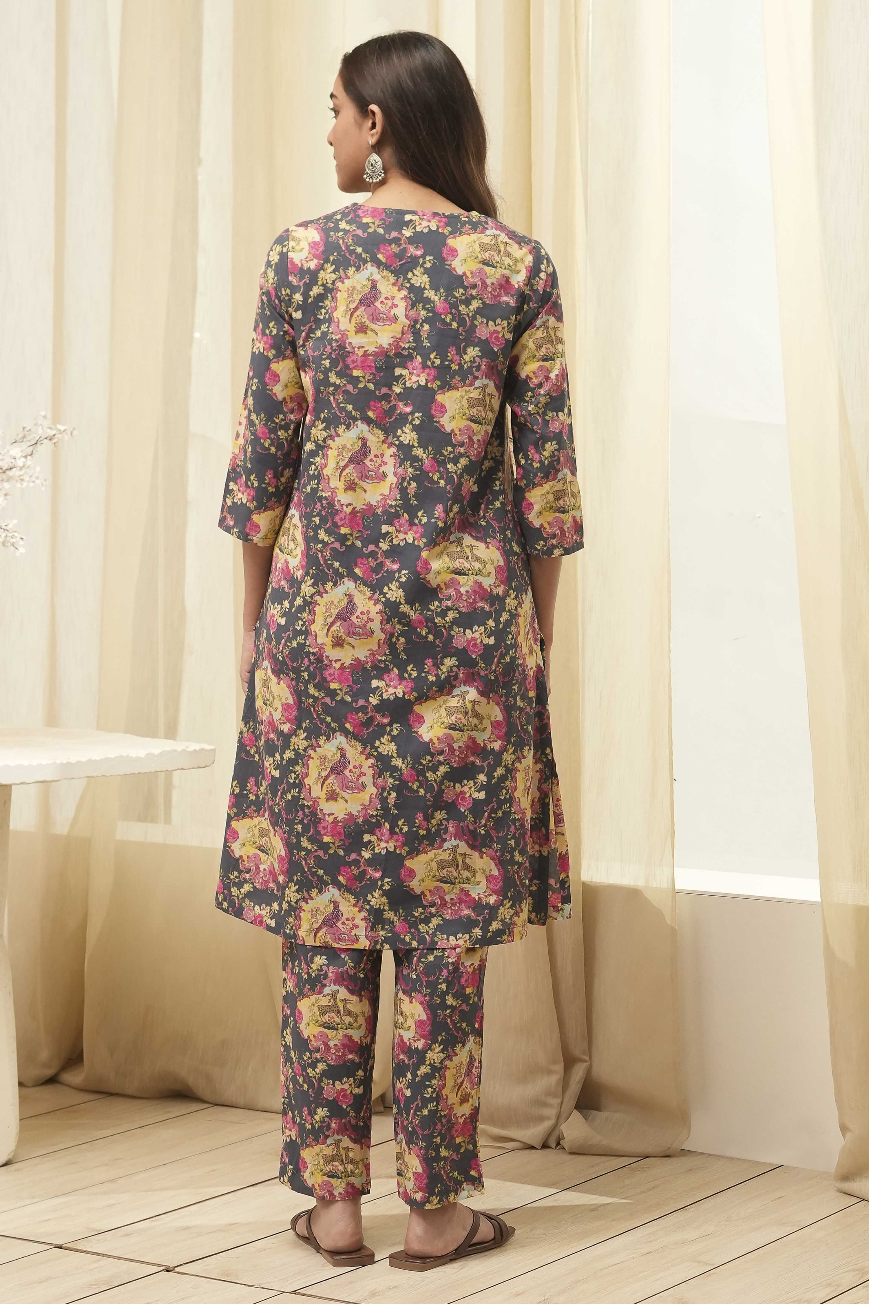 Mustard Cotton Straight Kurta Relaxed Pant Suit Set image number 4