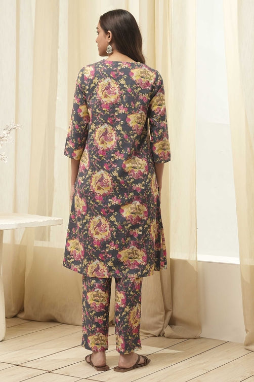 Mustard Cotton Straight Kurta Relaxed Pant Suit Set image number 4