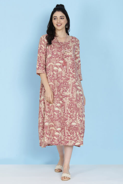 Mauve Cotton Flax Printed Kurta Dress image number 4