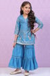 Blue Cotton A-Line Printed Kurta Set image number 3