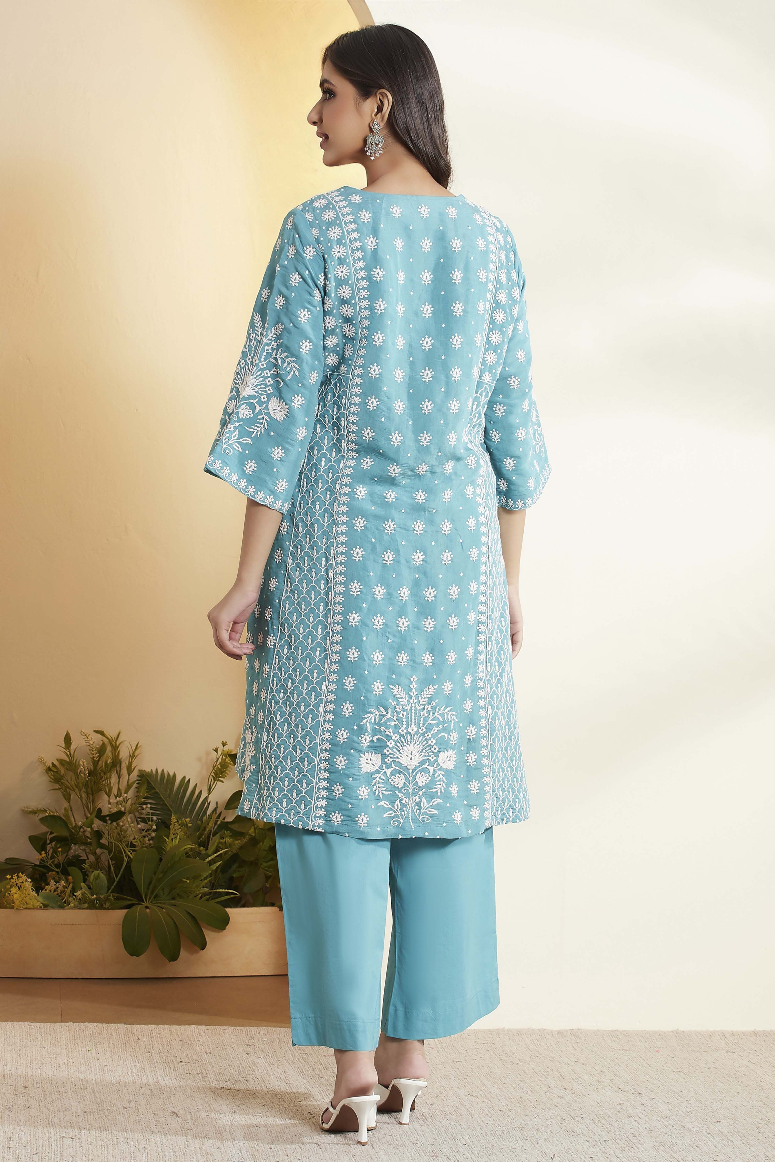 Teal Blue Viscose Blend Embroidered Straight Kurta Set image number 6