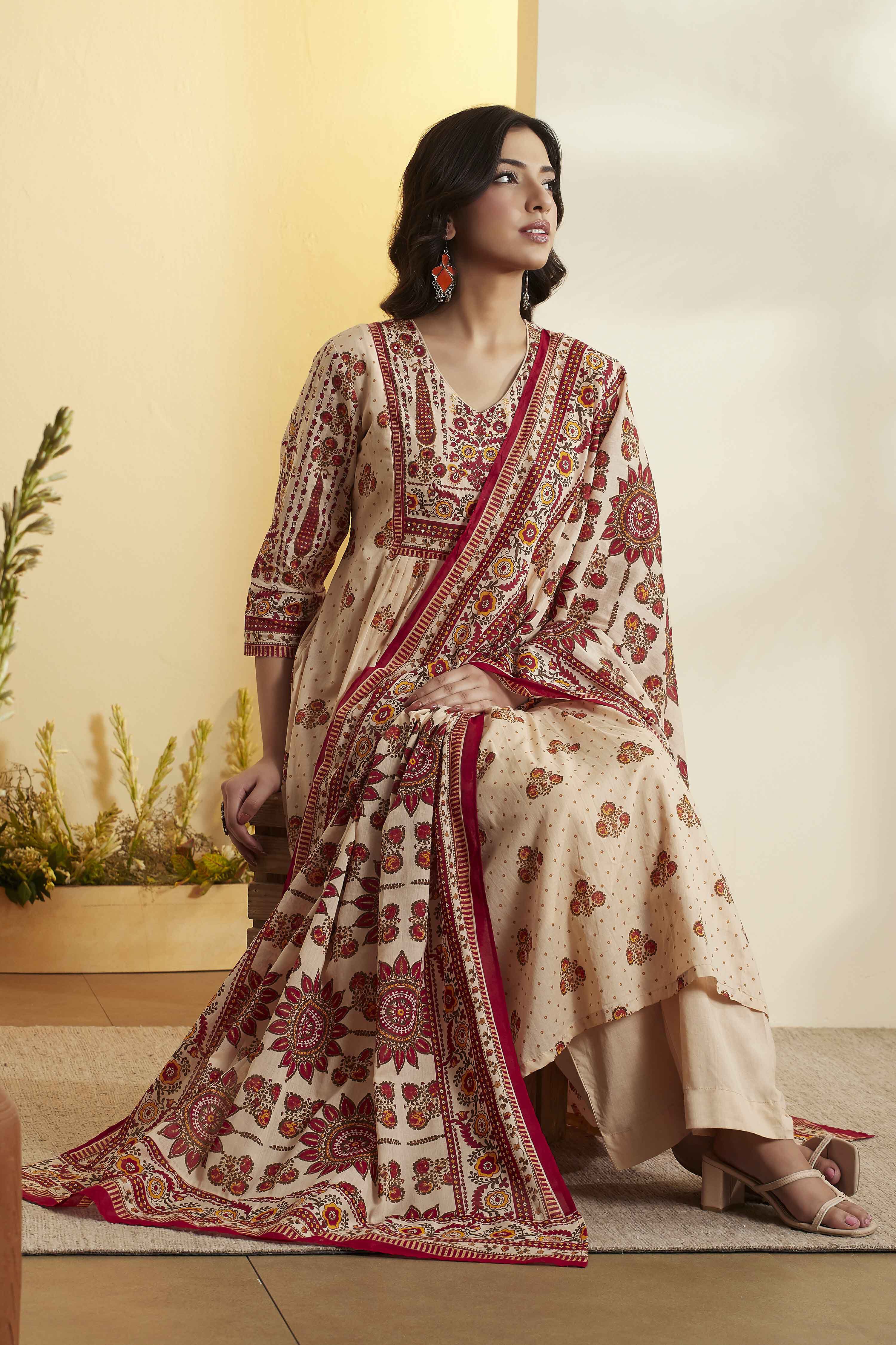 biba Beige Cotton Kalidar Suit SetBeige Cotton Kalidar Suit Set-picture-148