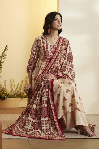 BIBA Cotton Printed Semi-Formal Gathered Kurta With Palazzo And Dupatta in Beige