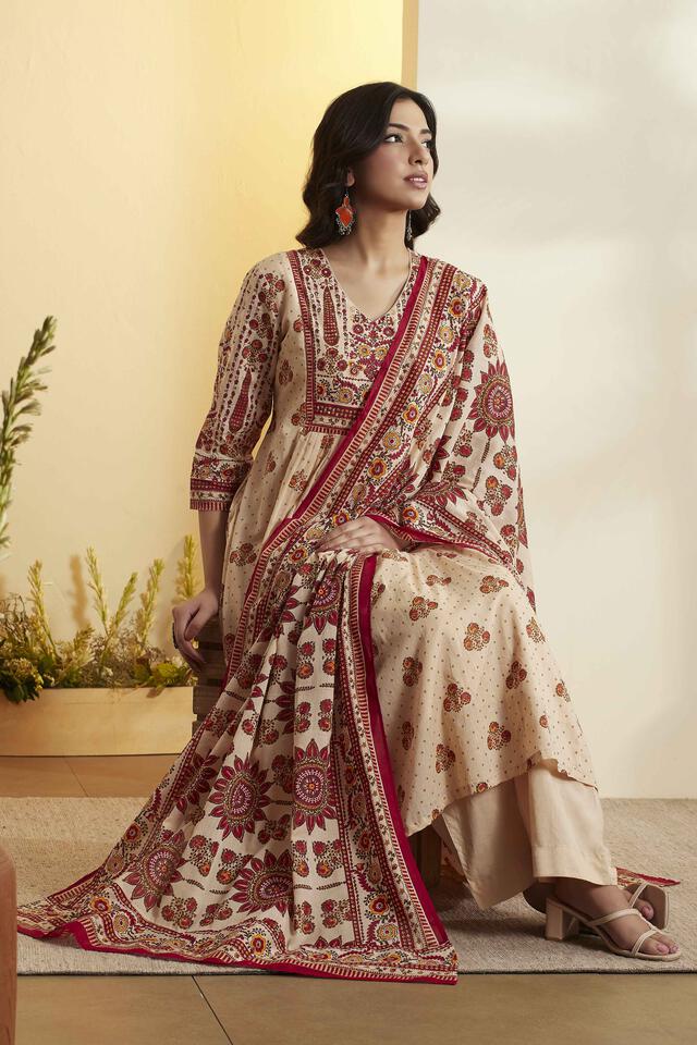BIBA Cotton Printed Semi-Formal Gathered Kurta With Palazzo And Dupatta in Beige