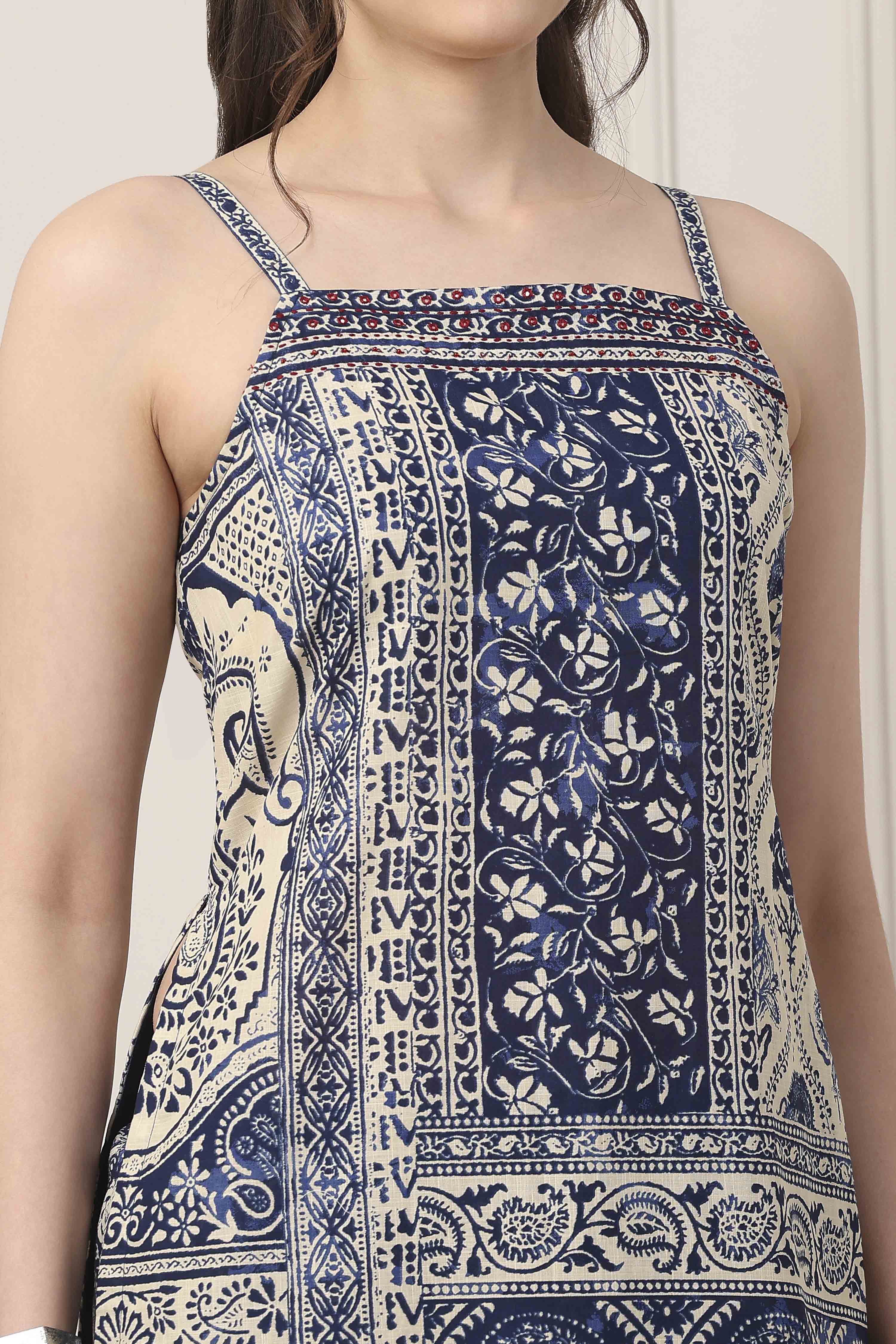 Blue Cotton Panelled Ethnic Motif Printed Straight Suit Set image number 1